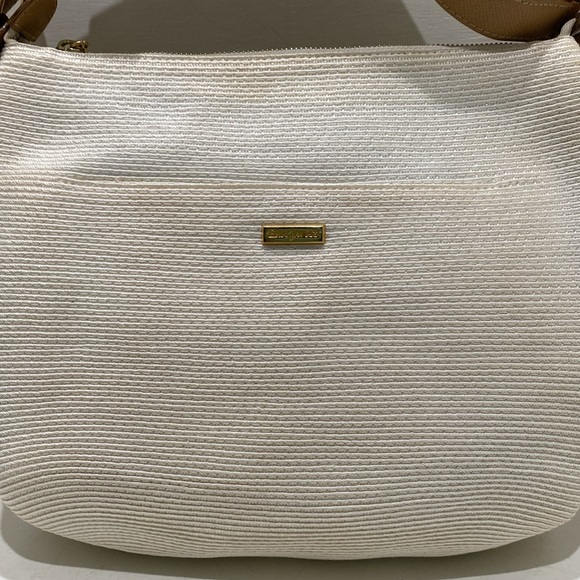 ERIC JAVITS Cream Woven/ Brown Leather Shoulder Bag - Picture 3 of 10